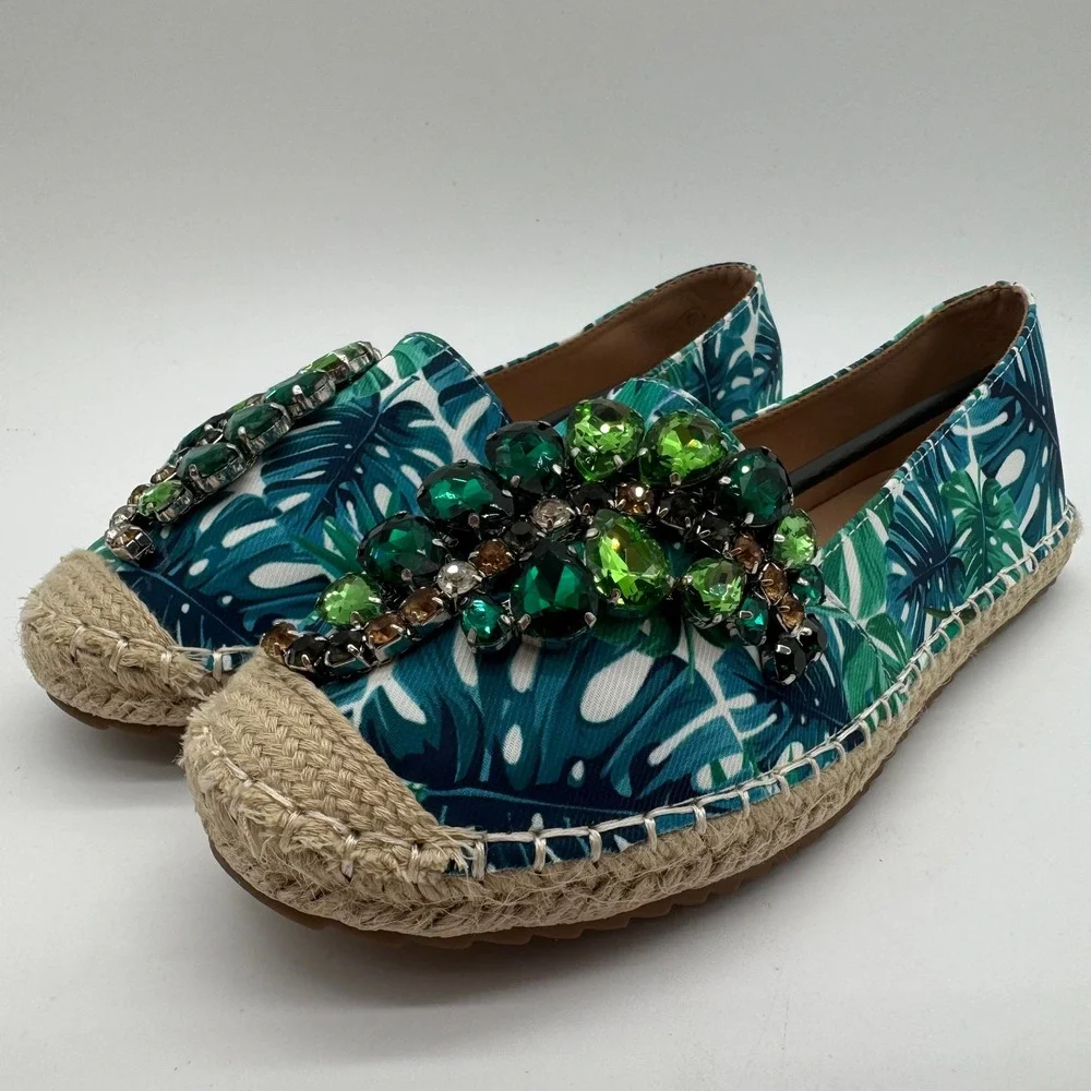 Lauren Lorraine Green Multi Tropical Jeweled Espadrille Flats Women's Size 6 New